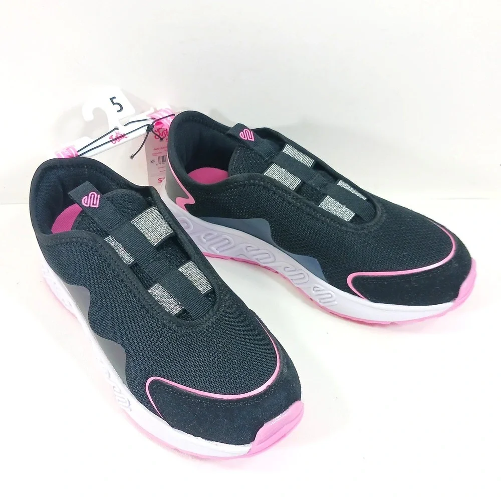 Justice Sport Girls Slip On Sneakers Black Pink Iridescent Size 5 GMG JUS SNKR